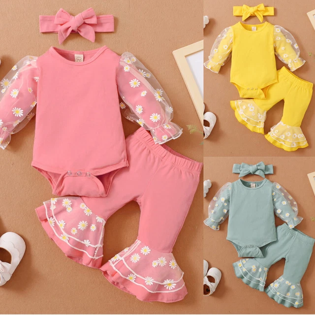 Neugeborenes Baby Mädchen Outfit Strampler Bootcut-Hosen Set Stirnband Kleidung