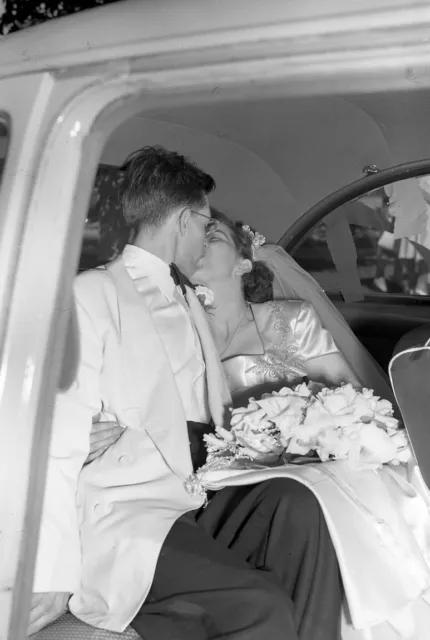 Vintage Medium Format Negative Mid Century Bride and Groom Kissing 1950