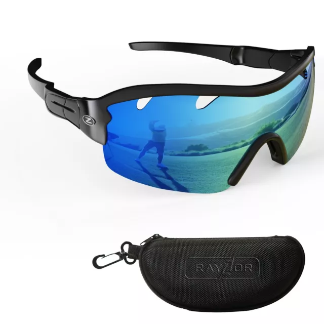 RayZor Black Sports Wrap Sunglasses Uv400 Vented Blue Mirrored Lens RRP£49 (220)