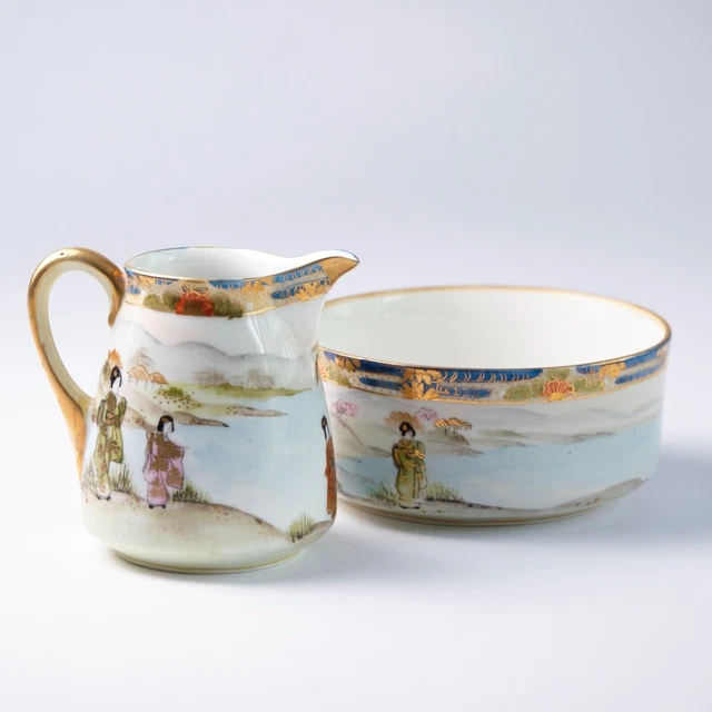 Vtg Japanese Noritake Maruki Porcelain Sugar Bowl Creamer Gardens Japan Antique