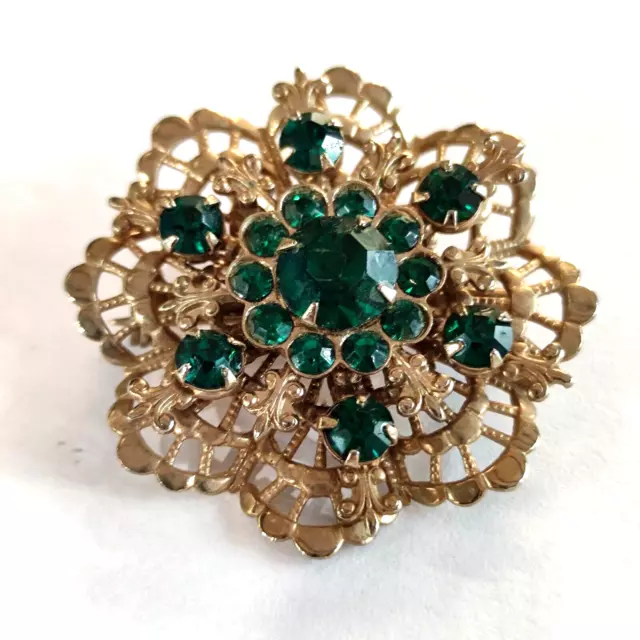 spilla vintage americana fiore con cristalli verdi anni 60 vtg flower brooch 2