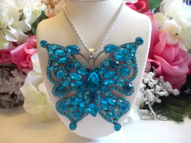 Betsey Johnson Large Mixed Blue Crystal & Rhinestone Butterfly Pendant Necklace