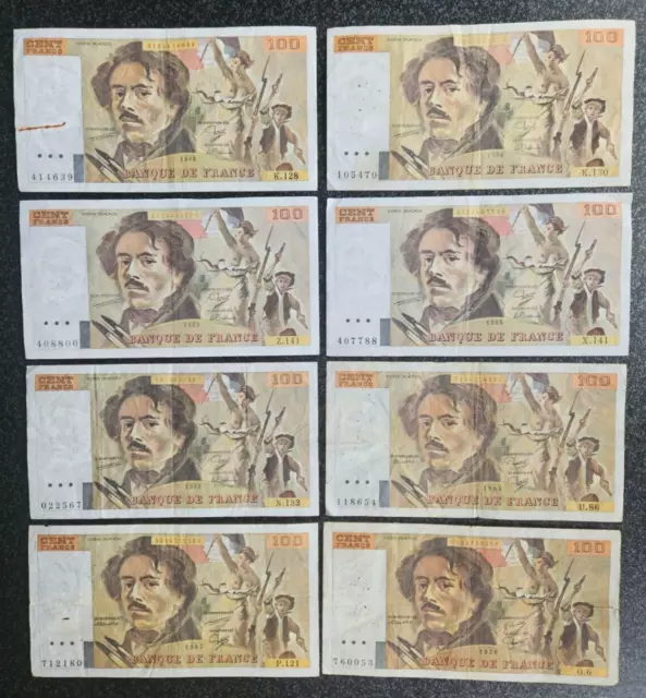 France - Francia - Lot De 8 Billets De 100 Francs Delacroix  Differents.