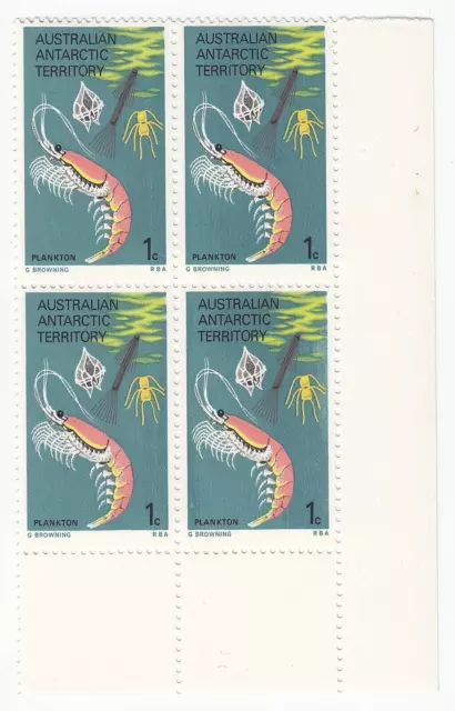 1973 AAT CORNER BLOCK of 4 x 1c MNH STAMPS 'FOOD CHAIN - PLANKTON - SHRIMP' (A)