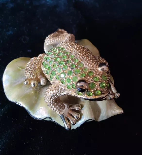 Vintage Frog on Lilly Pad Bejeweled  Enamel Trinket Box