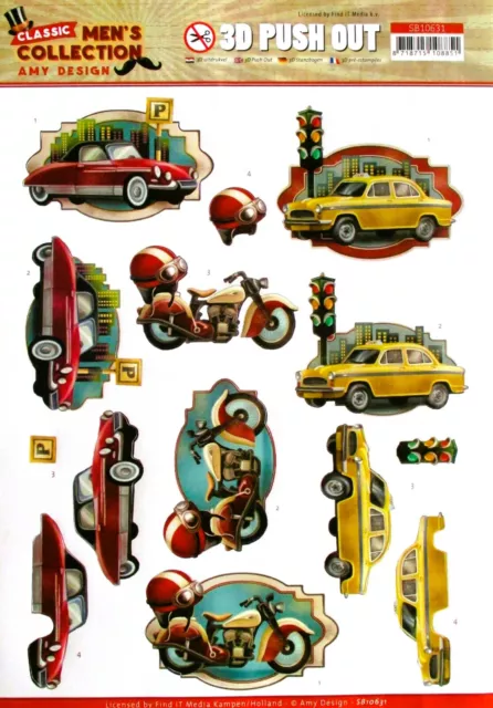 A4 DIE CUT 3D PAPER TOLE DECOUPAGE Push Out Sheet Cars Motor Bike Taxi SB10631