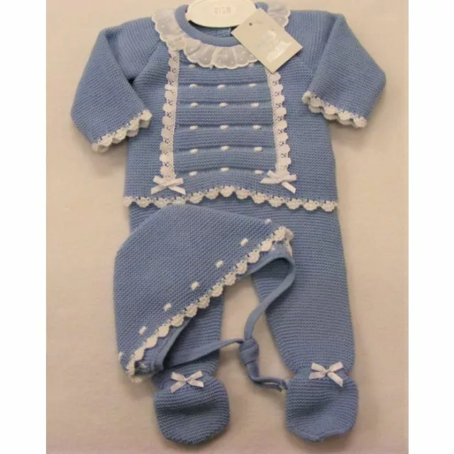 Baby Girl Knitted Outfit Spanish Blue Pram Gift Set & Bonnet Girls 0-9M
