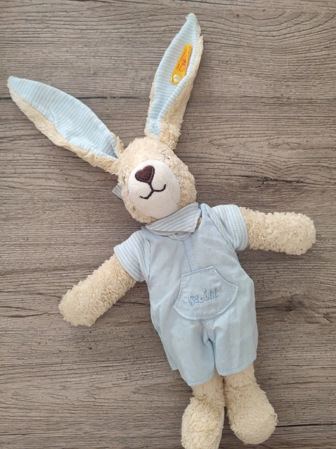 DOUDOU peluche rare  lapin salopette bleu  STEIFF creme blanc 30 / 40cm