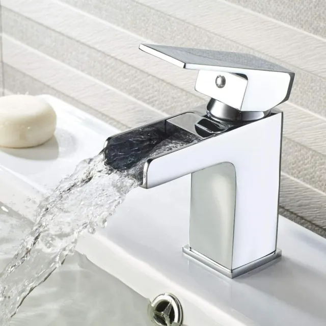 NEW Modern Waterfall Bathroom Tap Basin Sink Mono Mixer Chrome Cloakroom