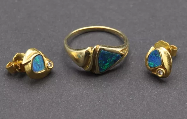 Set Ohrringe Ring  Boulder Opal Solitär Diamant Unikat 585 Gold Handarbeit