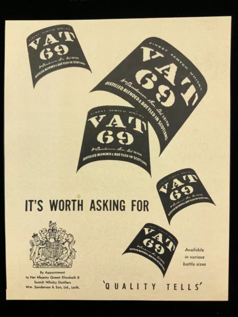 1955 Vat 69 Finest Scotch Whisky Sanderson & Son Scotland Print Advertising 868A