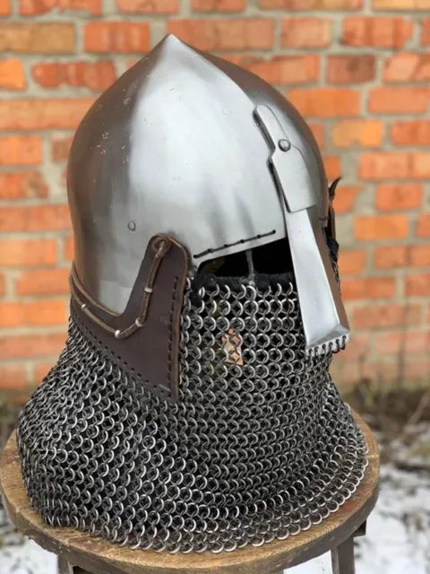 Medieval Bacinet Nosal Empire Helmet 14 Gauge Chainmail Viking Helmet
