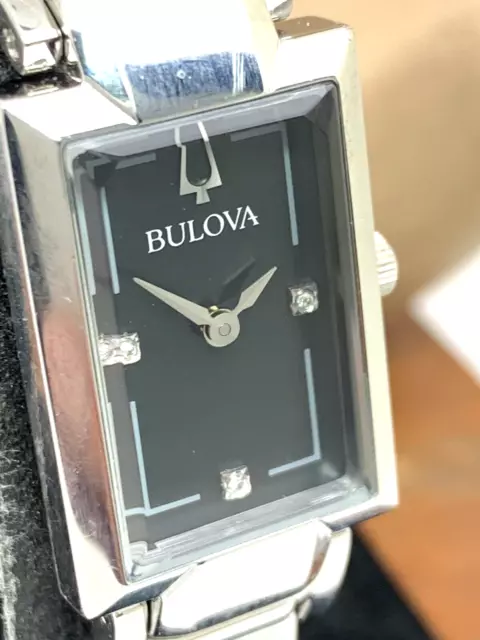 Bulova Womens Watch 96P209 Silver Tone Black Mother of Pearl Dial Diamond Accent