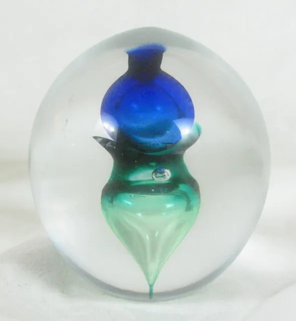 Artist Signed Glass Art Paperweight Blue Green Hollow Bubbles Green & Blue