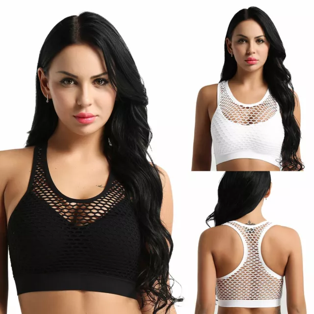 Women Fishnet Sport Yoga Bra Workout Tank Top Stretch Seamless Racerback Fitness