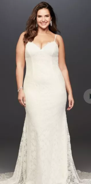 David's Bridal Galina Designer SIZE 22W Wedding Dress Lace Ivory Low Back WG3827