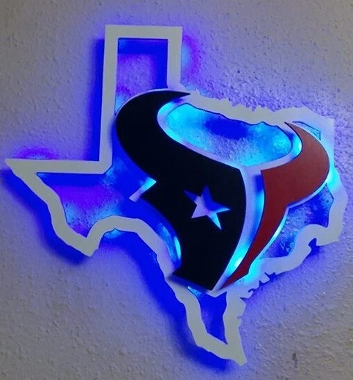 Houston Sports Teams LED Sign - Astros, Texans, Rockets Mashup In Texas Shape - Handmade Wood, 18"