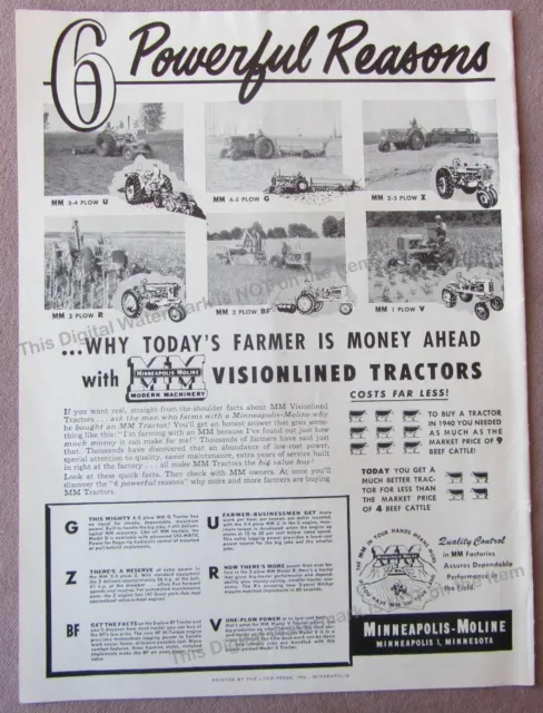 1952 Minneapolis-Moline MN Visionlined Tractors Plows Farming vintage print ad