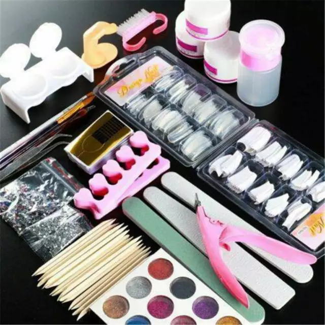 Acrylic Powder Nail Art Tool Starter Kit Full Set Nails Tips Brush File DIY Kit