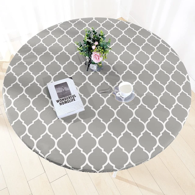 Heavy Duty Vinyl Round Fitted Tablecloth, Gray Moroccan Design, Spill...