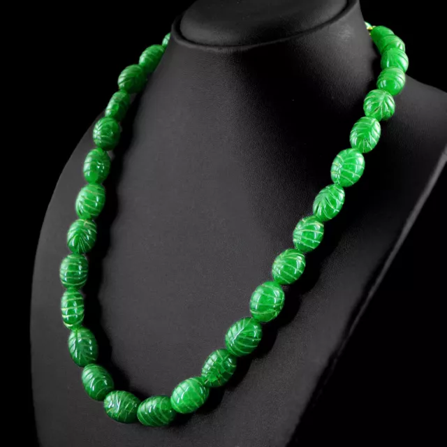 489.00 Cts Earth Mined Oval Carved Rich Green Emerald Beads Hand Made Necklace