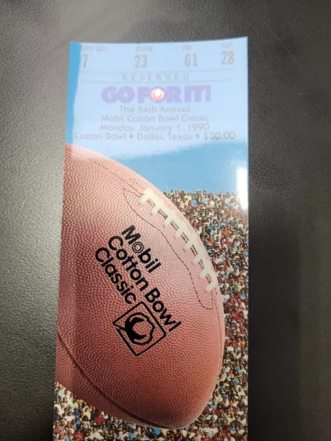Arkansas Razorbacks Vs Tennesse January 1, 1990 Cotton Bowl Ticket Dallas Texas