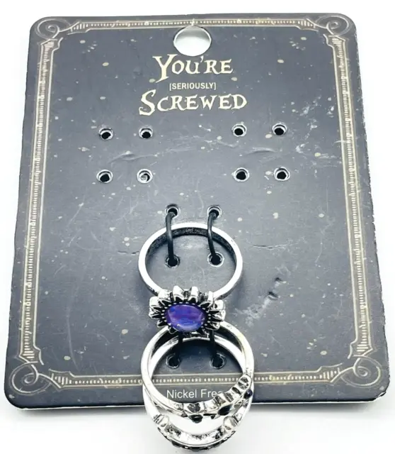 You're Screwed Carded Rings Silver Tone Flower Opalescent Crescent Black Enamel