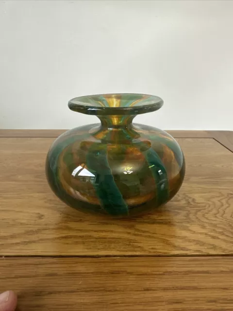 Early Vintage Medina Blue & Green Stripe Pattern, Glass Vase Signed Ex Con