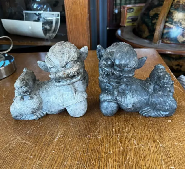 Pair of Antique Carved Stone Foo Dog Protective Statues