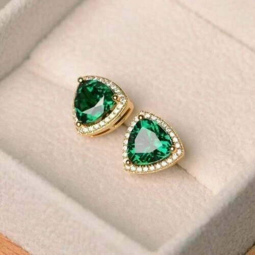 4Ct Trillion Lab Created Emerald Stud Earrings 14K Yellow Gold Plated Silver