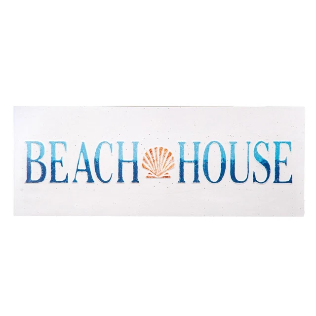 36 Inch Wood Wall Art, Rectangle, Beach House, Seashell Design, White, Saltoro