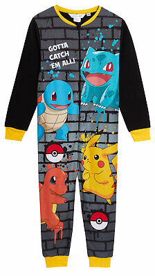 Kids Pokemon All In One Cosy Fleece Pjs Pikachu Pyjamas Zipped Boys Loungewear