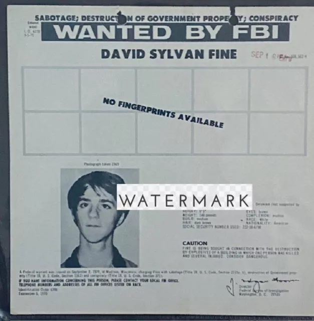 FBI WANTED POSTER for 70's Radical Bomber David Sylvan Fine Ten Most ...