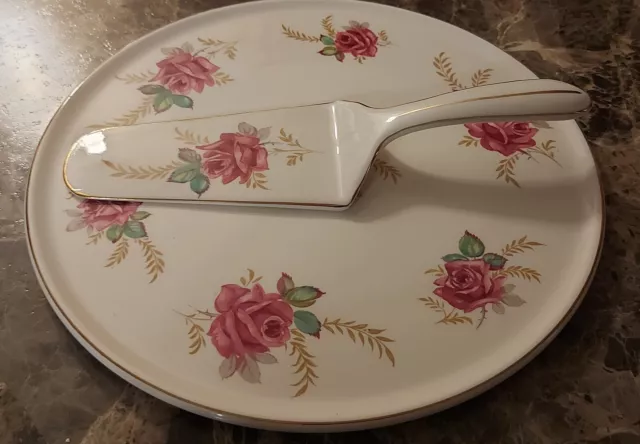 Vintage Royal Tudor Ware 10" Cake Plate & Matching Server Barker Bros Pink Roses