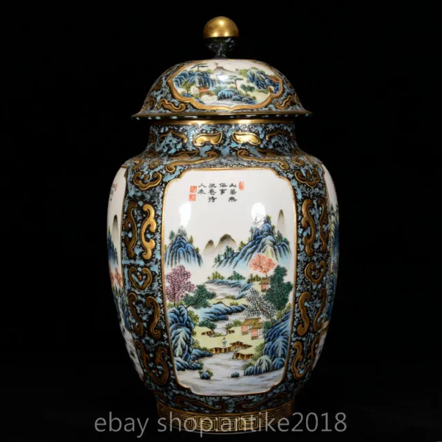 12" Ancient Chinese Qianlong Marked Famile Rose Porcelain landscape Lid Pot Jar