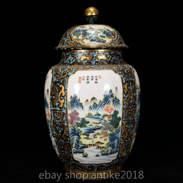 12" Ancient Chinese Qianlong Marked Famile Rose Porcelain landscape Lid Pot Jar