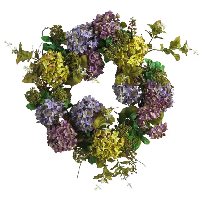 Artificial 24" Mixed Hydrangea Flowers Blue Purple Green Summer Floral Wreath