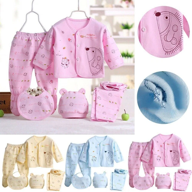 5PCS Hospital Newborn Baby Boys Girls Long Sleeve Top Hat Pants Bib Outfits Set