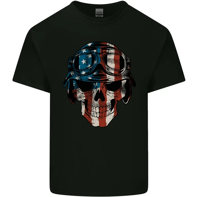 T-shirt top in cotone bandiera USA biker teschio moto da uomo cotone