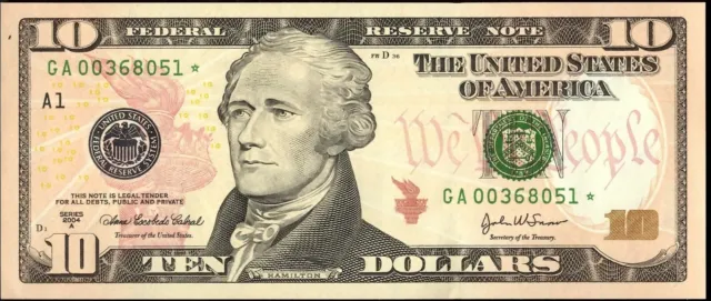 $10 Boston (A1) Star Note - Series 2004A Green Seal (Colorized)