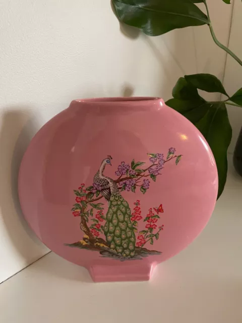 Pink Chinoiserie Vase, Large 28x26cm Japanese Porcelain Peacock Floral Design