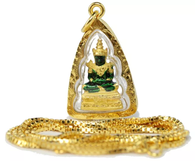 Famous Thai Emerald Buddha Amulet + 18" Chain 24K Gold GP Pendant Necklace GT4