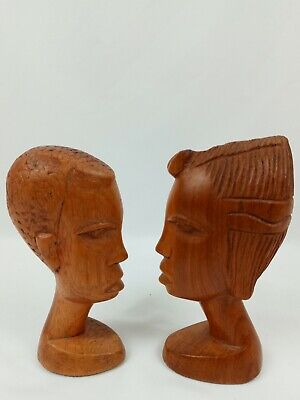 African Art Tribal Carved Wood Statue Couple Bust Pair Very Detailed