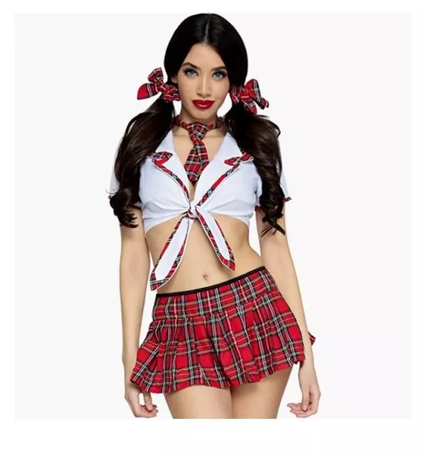 Sexy Naughty Adult Womens 4 Piece School Girl Uniform Costume Lingerie Halloween