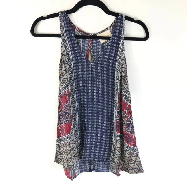 Lucy Love Womens Tunic Tank Top Boho Geometric V Neck Blue Red XS