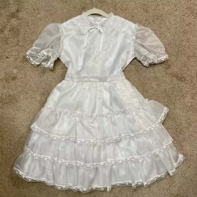 Vtg LITTLE PRINCESS Dress Girl’s 8 White Net Tiered Lace Ruffle Party Communion