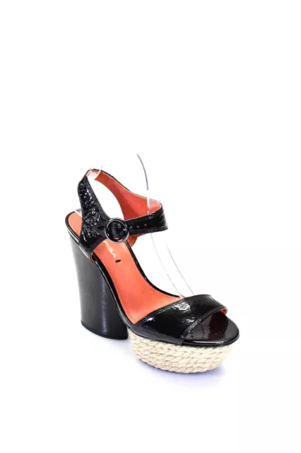 Via Spiga Womens Patent Leather Espadrille Platform Open Toe Heels Black Size 7