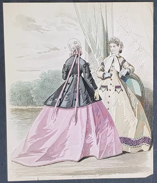 1863 Jules David & Mrs Beeton Antique Lithograph of Womans Paris Fashions