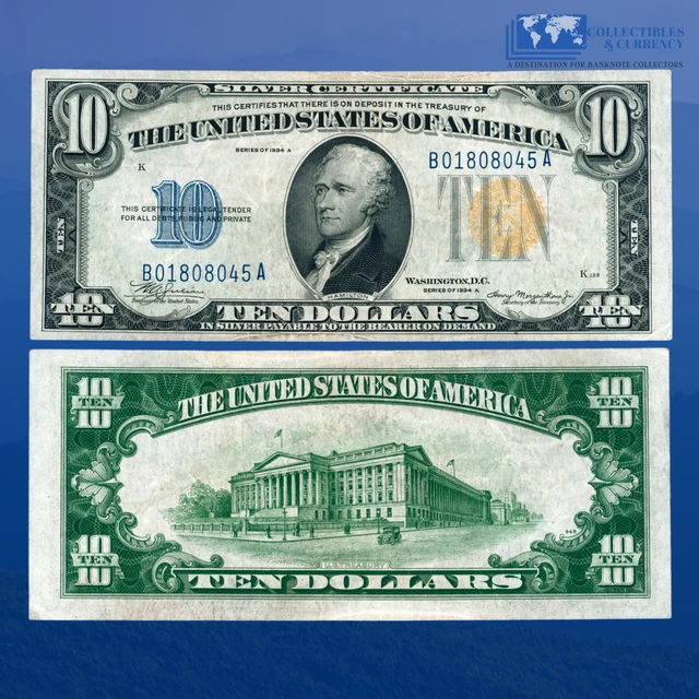 Fr.2309 1934A $10 Silver Certificate Yellow Seal "North Africa", VF+ #08045