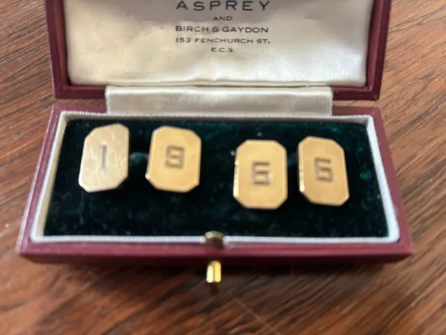 Vintage 1960s 9 Carat Gold Cufflinks Rectangular Engraved 1966 Asprey Box